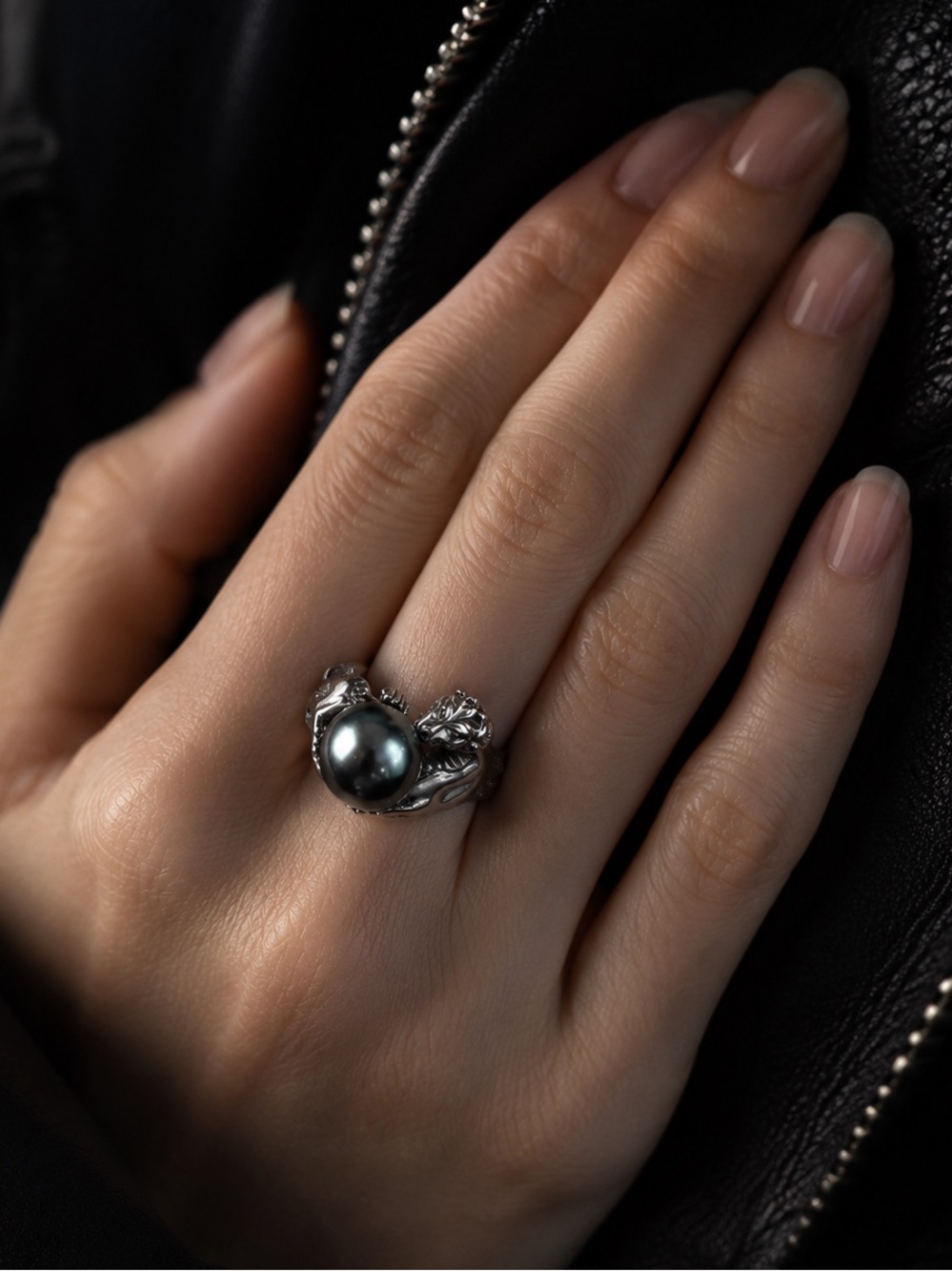 925 Silver Dragon Holding Tahitian Pearl Ring
